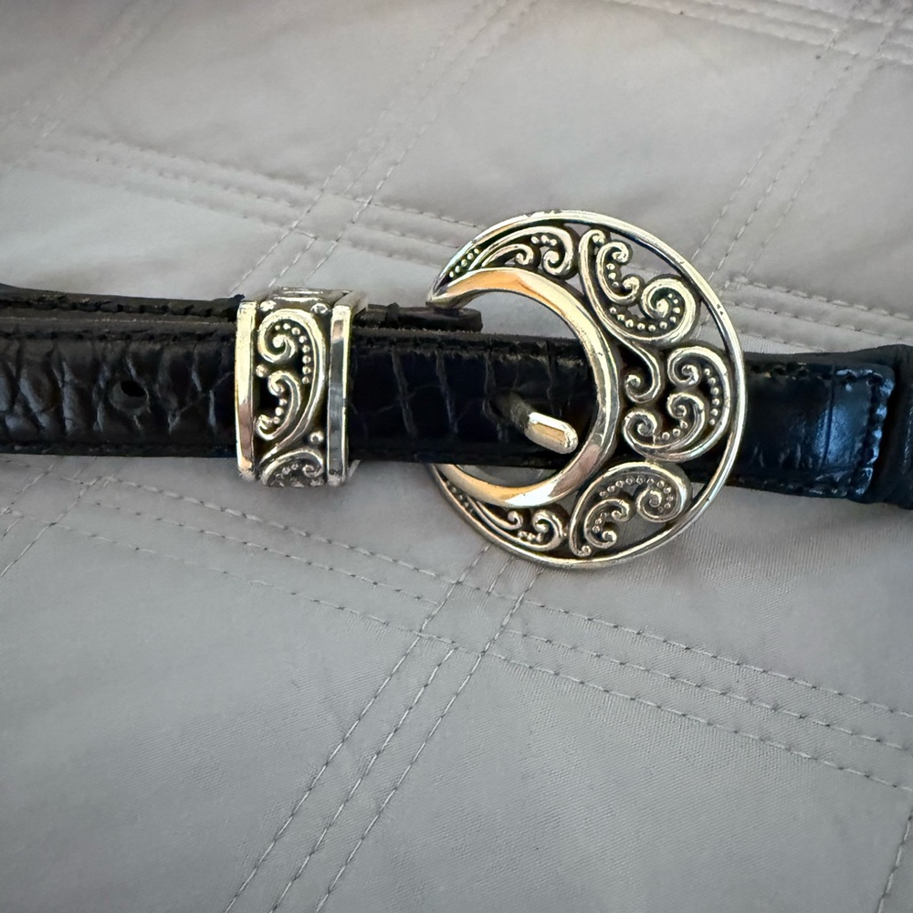 Black Leather Belt with Ornate Silver Buckle